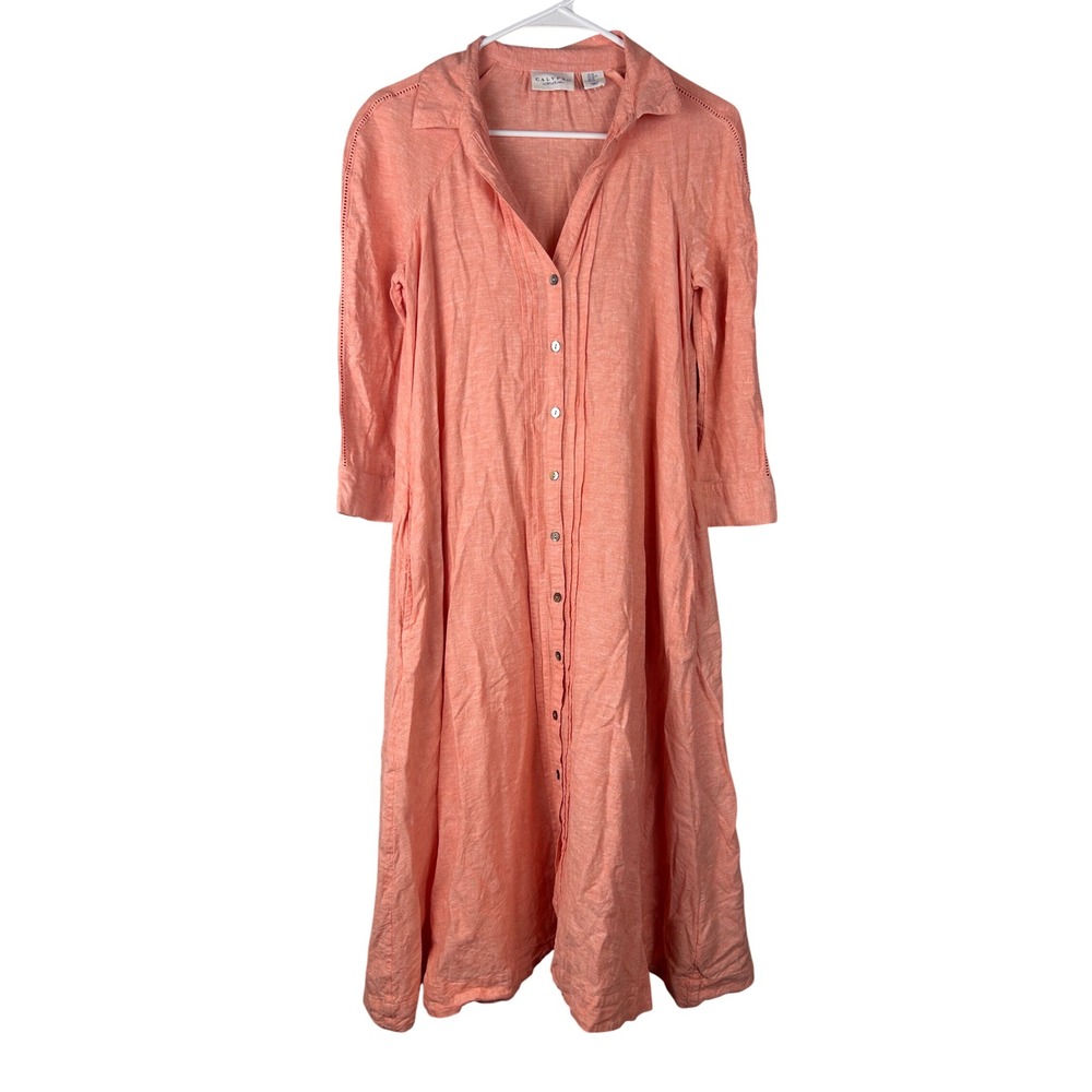 Calypso St Barth Coral Pink Linen Blend Button Front Midi Shirt Dress XS
